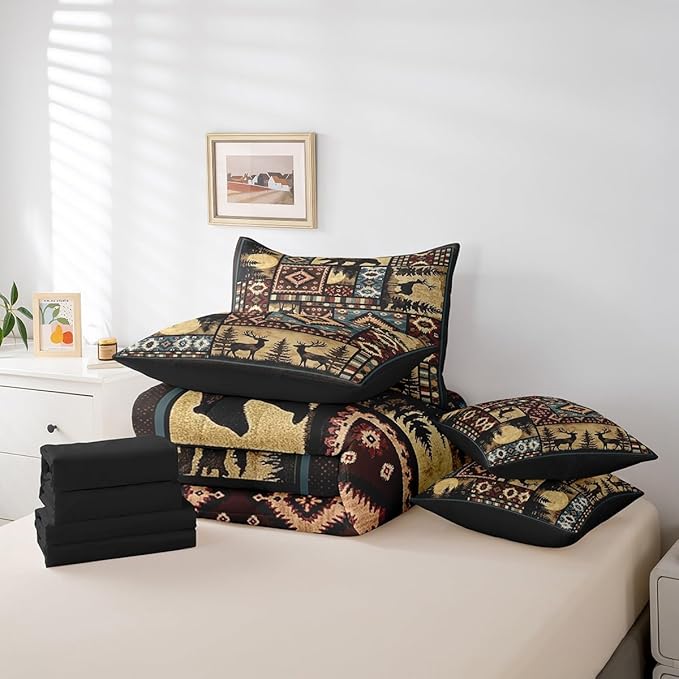 Erosebridal Rustic Bear 7 Piece Comforter Set Twin Bed in a Bag,Buffalo Plaid Grid Bedding,Hunting Deer Farmhouse Cabin Decor Quilt,Retro Southwest Aztec Bed Set,Tribal Sheets,Brown Red
