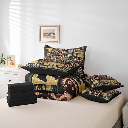 Erosebridal Rustic Bear 7 Piece Comforter Set King Bed in a Bag,Buffalo Plaid Grid Bedding,Hunting Deer Farmhouse Cabin Decor Quilt,Retro Southwest Aztec Bed Set,Tribal Sheets,Brown Red