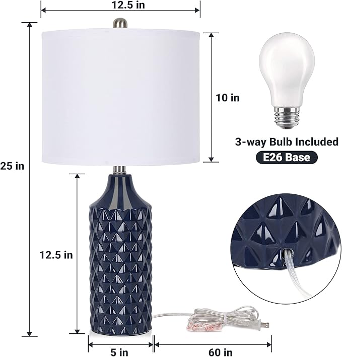 Modern Ceramic Table Lamp, Set of 2 - Navy Blue with Diamond Protrusions Texture, 25'' Nightstand Lamp for Bedroom Living Room, 3-Way Dimmable Included