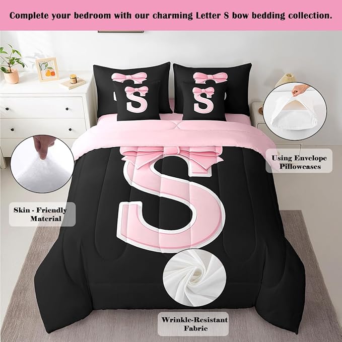 jejeloiu Kawaii Pink Bow King Comforter Set with Sheets,Gifts for Women Teen Girl,Monogrammed 7 Piece Bedding Set,Soft Personalized Initial Letter S Bed in a Bag with Comforter,Sheets,Pillowcases