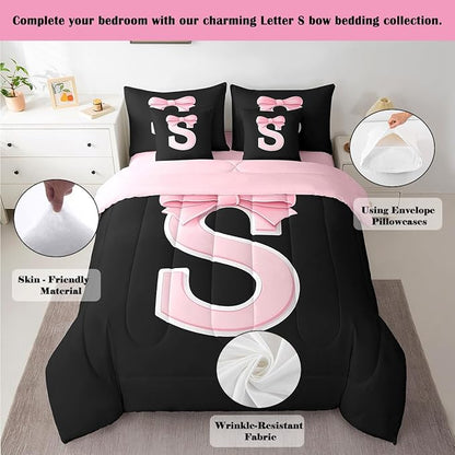 jejeloiu Kawaii Pink Bow King Comforter Set with Sheets,Gifts for Women Teen Girl,Monogrammed 7 Piece Bedding Set,Soft Personalized Initial Letter S Bed in a Bag with Comforter,Sheets,Pillowcases