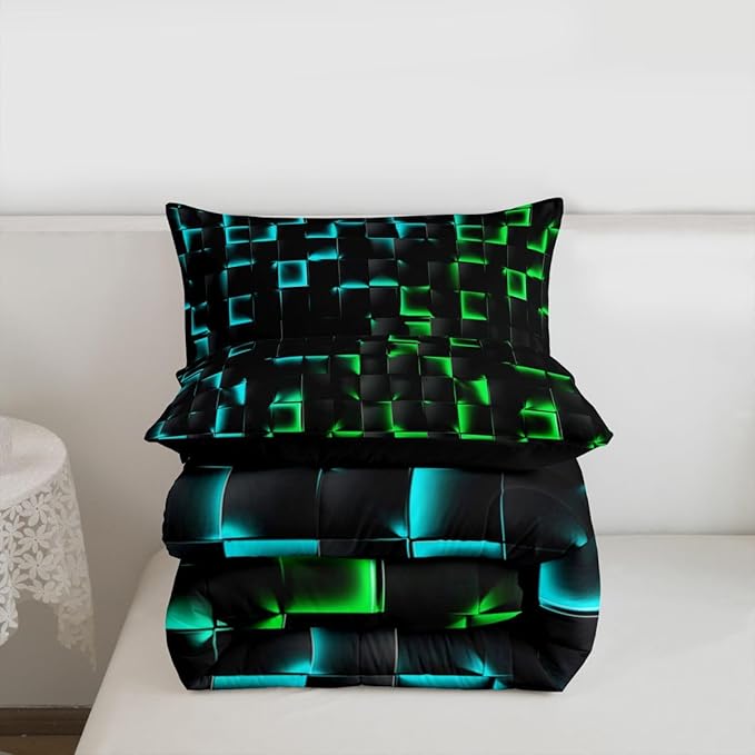 Erosebridal Geometric Checkered Boys Bedding Set Full Size Neon Teal Green Comforter Set for Kids Teen Men Gamer Room Decor,Abstract Ombre Plaid Comforter Grids Quilt Duvet Black