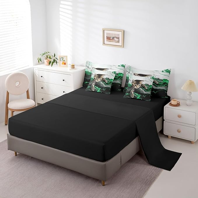 Erosebridal Green Marble Cat Bedding Set Full Watercolor Marble Ink Fluid Bed in A Bag Luxury Modern Marbling Comforter Sets with Sheets Retro Artwork Style Aesthetic Bed Set(Green, Full)