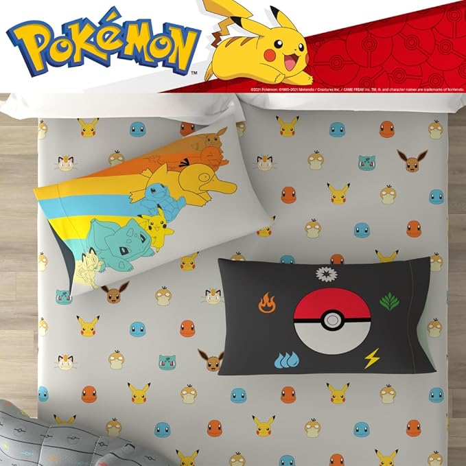 Pokemon Bedding Set, Twin Size 5 Piece Set Kids Super Soft Cozy Reversible Comforter and Sheet Set with Sham, (100% Officially Licensed Product) by Franco