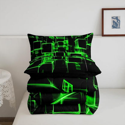 Erosebridal Fluorescent Green and Black Kids Comforter Set, Modern Geometric Square Bedding for Boys Girls Gradient Neon Light Honeycomb Duvet Set King 3 Pieces