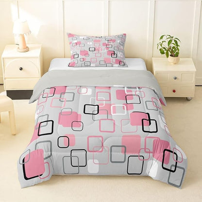 Erosebridal Pink Geometric Square Kids Comforter Sets Pink and Gray Striped Toddler Bedding Set for Girls Boys Minimalist Art Aesthetic Comforter Set Modern Abstract Plaid Quilt Duvet 2 Pcs