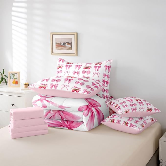 Feelyou Pink Cute Strawberry Bow Comforter Set King Size 7 Pieces Strawberries Bedding Set for Kids Boys Girls Kawaii Bowknot Bed in a Bag with Comforter, Sheets, Pillowcases, Cushion Covers