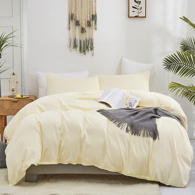 KAREVER Light Yellow Comforter Set King Off White Bedding Set Men Beige Breathable Ivory Bedding Set Women Soft Off White King Ivory Bedding Comforter Set