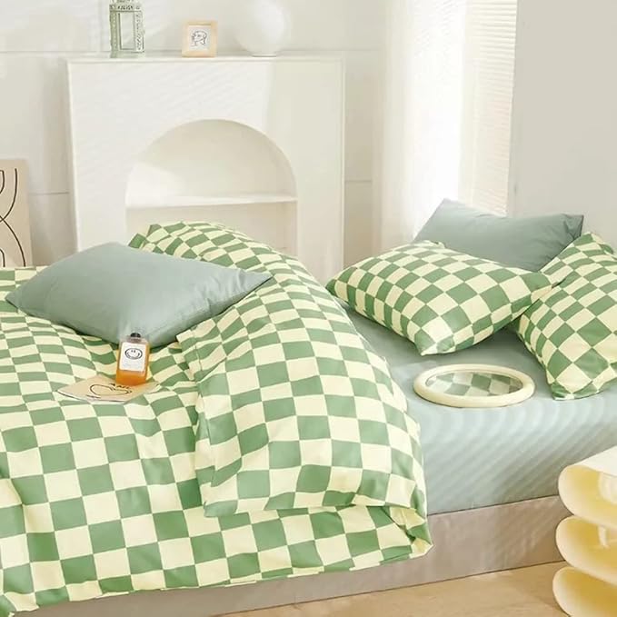 CLOTHKNOW Green White Plaid California King Comforter Set Grid Bedding Comforter Sets Checker Comforter with 2 x Pillow Cases
