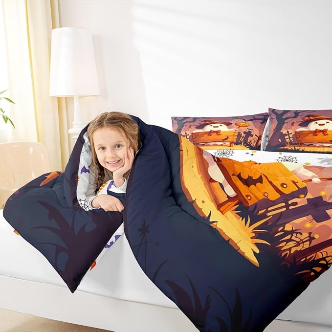 Erosebridal Teens Halloween Toddler Bedding Set, Cute Ghost Bow Comforter Set Spooky Halloween Decor Comforter for Kids Boys Girls Youth Adults Bedroom, Cartoon Graveyard Gothic Pumpkin Lantern Quilt