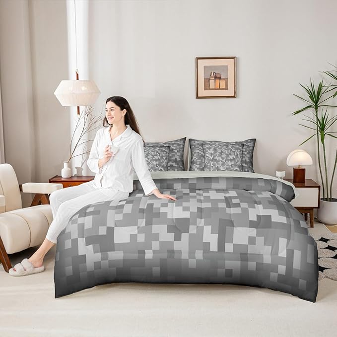 Castle Fairy Grey Pixel Grid 7 Piece Comforter & Sheet Sets Full Size,Miner Video Games Bedding Set Abstract Camouflage Bed in a Bag Grid Flat & Fitted Sheets,4 Pillow Covers