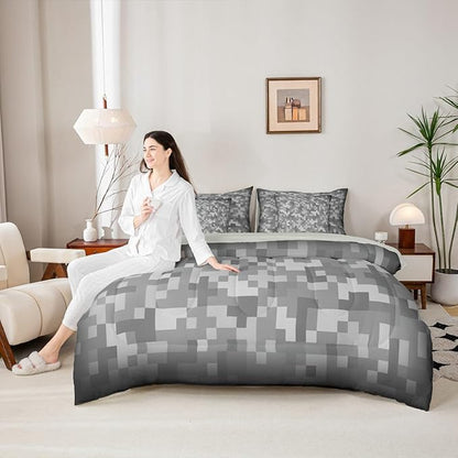 Castle Fairy Grey Pixel Grid 7 Piece Bedding Set Queen Size,Miner Video Games Comforter & Sheet Sets Abstract Camouflage Bed in a Bag Grid Flat & Fitted Sheets,4 Pillow Covers