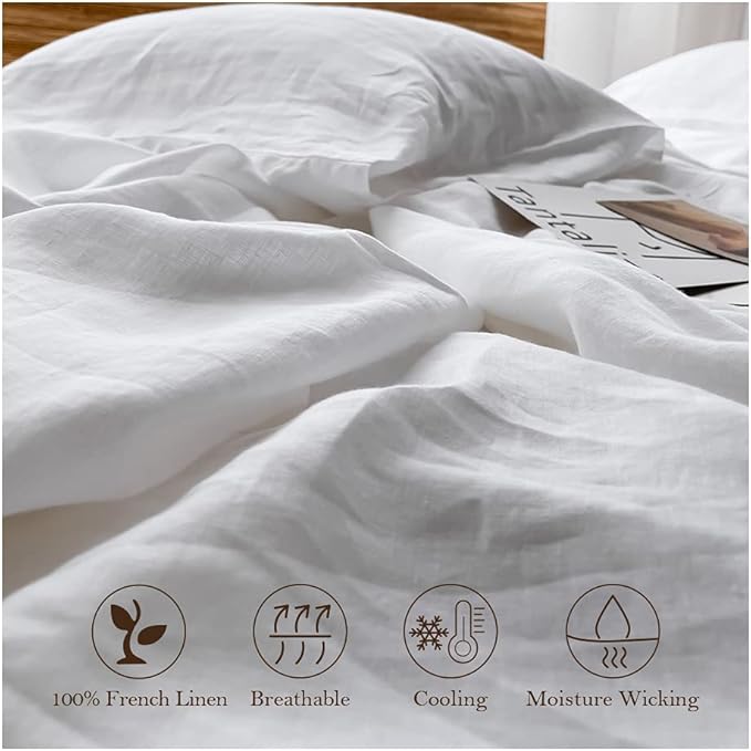 Simple&Opulence Washed Linen Bed Sheet Set Basic Style 4 Pieces (1 Flat Sheet & 1 Fitted Sheet & 2 Pillowcases) 100% Natural French Flax Soft Breathable Farmhouse Bedding (Queen, White)