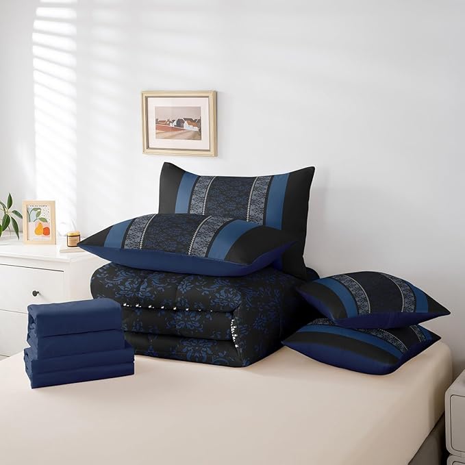 jejeloiu Adult Classic Jacquard 7 Piece Bedding Set King Size Damask Pattern Comforter Set with Sheets for Boys Girls Black Blue Stripe Bed in a Bag Baroque Bed Set