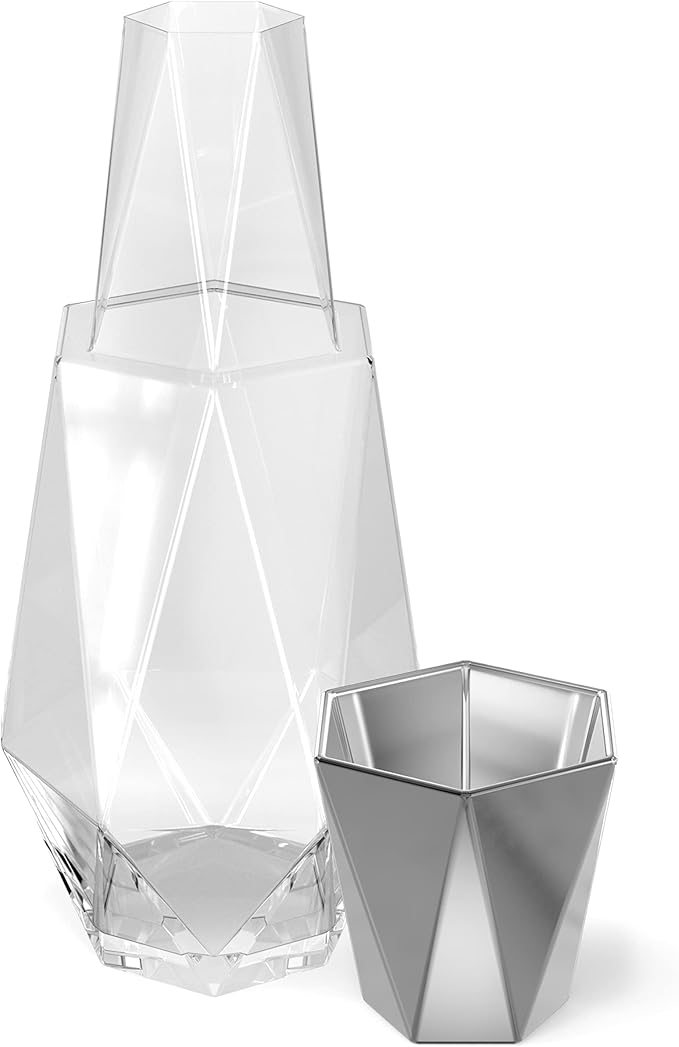 American Atelier 37 oz Fifth Avenue Decorative Bedside Water Carafe & Tumbler with Lid – 9" Silver Glass Pitcher Set for Nightstand, Guest Room, Office & Bedroom Hydration, Elegant Drinkware (Silver)