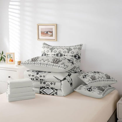 Erosebridal Grey Southwestern Bed in A Bag 7 Pcs Western Aztec Comforter Set for Kids Boys Country Geometric Vintage Bedding Sets Twin Rustic Cactus Bull Skull Boho Tribal Sheet Set with Comforter