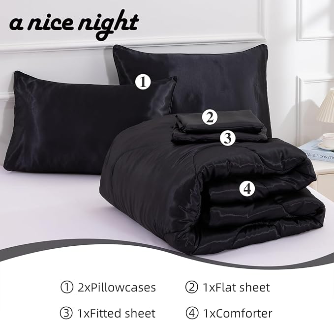 A Nice Night 5PCS Satin Silky Soft Quilt Luxury Super Soft Microfiber Bedding Thin Comforter Set Queen,Black