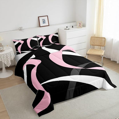 Erosebridal Abstract Black Pink Bedding Comforter Sets Dark Grey White Striped Bedding Set Queen for Kids Girls Teen Women Geometric Swirl Stripes Down Comforter Modern Fashion Quilt Duvet