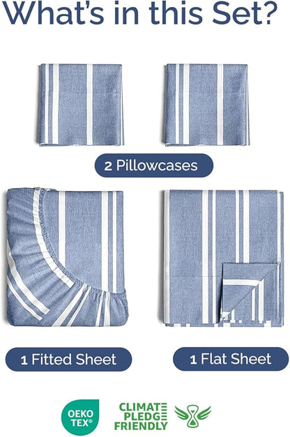 Extra Deep Twin Sheet Set - 4 Piece Breathable and Cooling Sheets - Hotel Luxury Bedding for Women, Men, Kids & Teens - Easy & Secure Fit - Soft and Wrinkle Free - Extra Deep Pockets - Blue Stripes