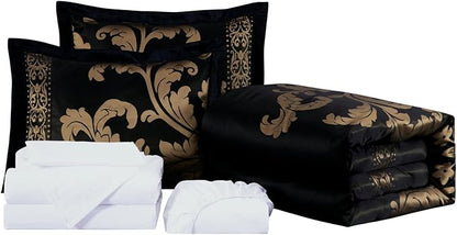 Chezmoi Collection Valor 7-Piece King Bed in a Bag, Black/Gold Luxury Jacquard Floral Comforter with Sheets Set for All Season