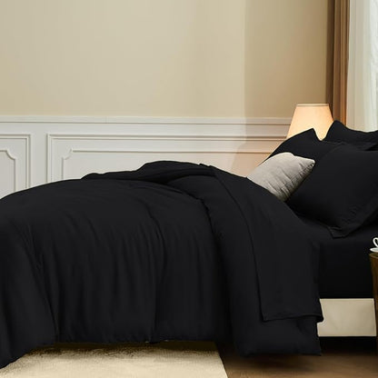 FUANNA Full Size Comforter Sets Black, 7 Pieces Soft Bed in a Bag Full, All Season Lightweight Bed Sets with Comforter, Flat Sheet, Fitted Sheet, Pillowcases & Shams