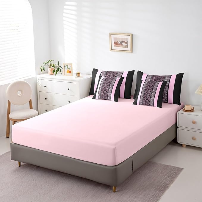 jejeloiu Adult Classic Jacquard 7 Piece Bedding Set King Size Damask Pattern Comforter Set with Sheets for Boys Girls Black Pink Stripe Bed in a Bag Baroque Bed Set