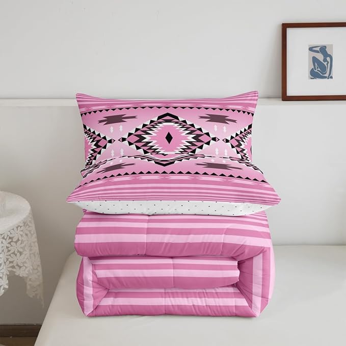 Feelyou Pink Boho Western Bedding Set Queen Size Kids Southwest Native Tribal Comforter for Boys Girls Teens Geometric Comforter Set Soft Microfiber West Room Decor
