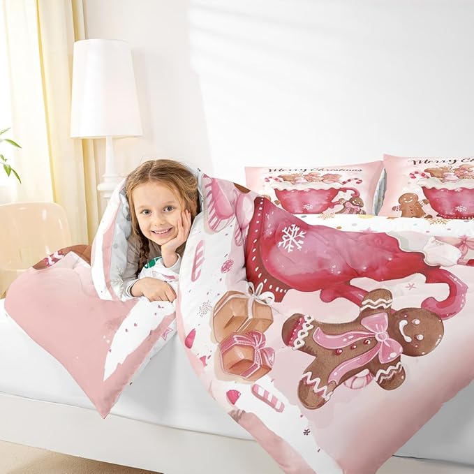 Gingerbread Men Comforter Sets Full Size,Candy Coffee Bedding Set 3Pcs for Kids Girls Boys Women Room Decor,Pink Bowknot Quilted Duvet Pink Christmas Down Comforter,2 Pillowcases