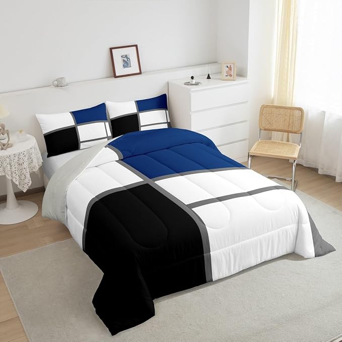 Erosebridal Geometric Abstract Toddler Comforter Blue and White Striped Bedding Set Square Grid Duvet Insert Modern Art Patchwork Bed Sets for Minimalist
