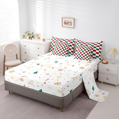 Feelyou Checkered Christmas Comforter Set with Sheets 7 Piece King Size Red Green Plaid Bedding Set for Kids Boys Girls Geometric Vintage Bed in a Bag Modern Simple Groovy Aesthetic Room Decor Soft
