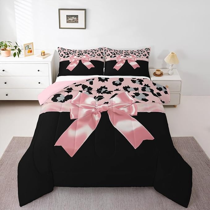 jejeloiu Pink Silk Bowknot Duvet Cover Queen Size Grey Leopard Bedding Set for Kids Girls Women Black Pink Comforter Cover Set Sweet Romantic Bedspread Cover 3Pcs