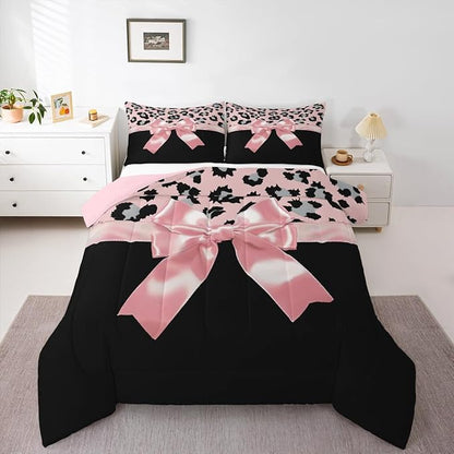jejeloiu Pink Silk Bowknot Duvet Cover Queen Size Grey Leopard Bedding Set for Kids Girls Women Black Pink Comforter Cover Set Sweet Romantic Bedspread Cover 3Pcs