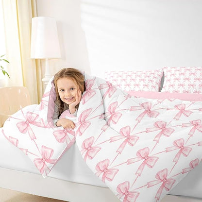 Feelyou Pink Bow Comforter Set Full Size, Pink Bow Bedding Set for Girls, Coquette Bowknot Girls Comforter for Kids, Kawaii Dreamy Princess Style Room Decor, 2 Pillowcases