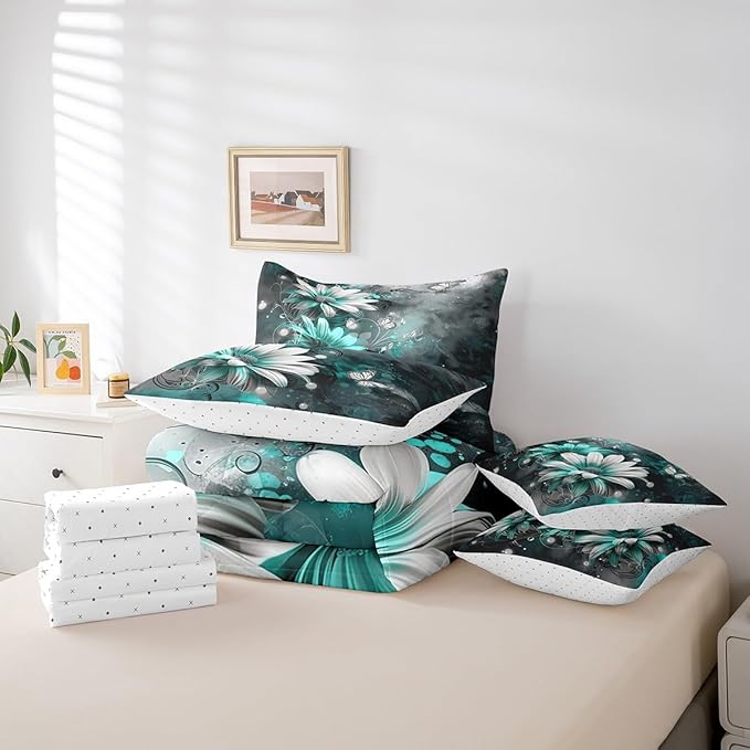 Feelyou Flower Comforter Set Twin Size 7 Pieces Vintage Floral Bedding Set for All Season Butterfly Floral Botanical Bed in a Bag with Comforter, Sheets, Pillowcases & Cushion Cover