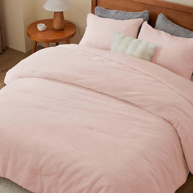 BEDELITE Faux Fur Fleece King Comforter Set - Fluffy & Warm Pink Comforter King Size，Ultra Soft and Cozy Winter Bedding Set,Fuzzy Thick Bed Set,1 Comforter and 2 Pillowcases