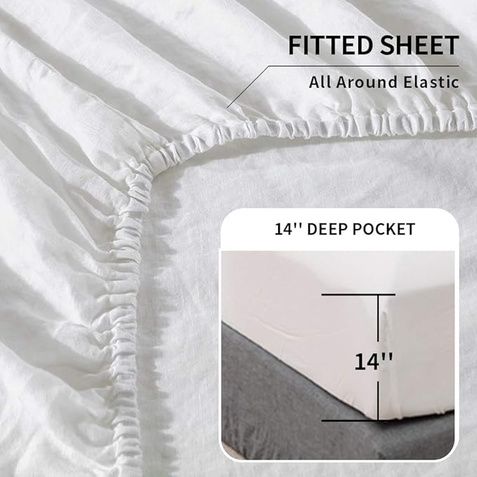Simple&Opulence Belgian Linen Sheet Set Solid Color - 4 Pieces (1 Flat Sheet, 1 Fitted Sheet & 2 Pillowcases) Natural Flax Cotton Blend Soft Breathable Farmhouse Bedding - King Size, White