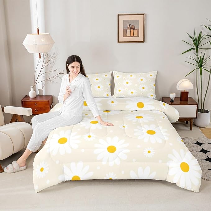 Erosebridal Beige Floral Comforter Cute Daisy Cream Bedding Set Full Size for Kids Teen Women,Botanical Theme Rustic Flowers Comforter Set White Daisy Floral Quilt Room Decor