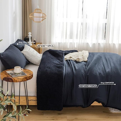 Warm Sherpa Comforter Set with Pillowshams Fleece Comforter King Size Lightweight Cozy Plush Washable Cotton Down Alternative Soft Comforter and Pillow Shams(Dark Navy Blue,King)
