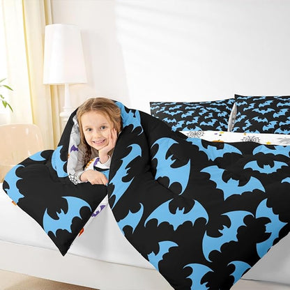 Erosebridal Blue Bat Twin Bedding Sets Halloween Bat Comforter Set Spooky Goth Gothic Animal Quilt Duvet Set Horror Halloween Bedding Collections for Kids Teens Adults