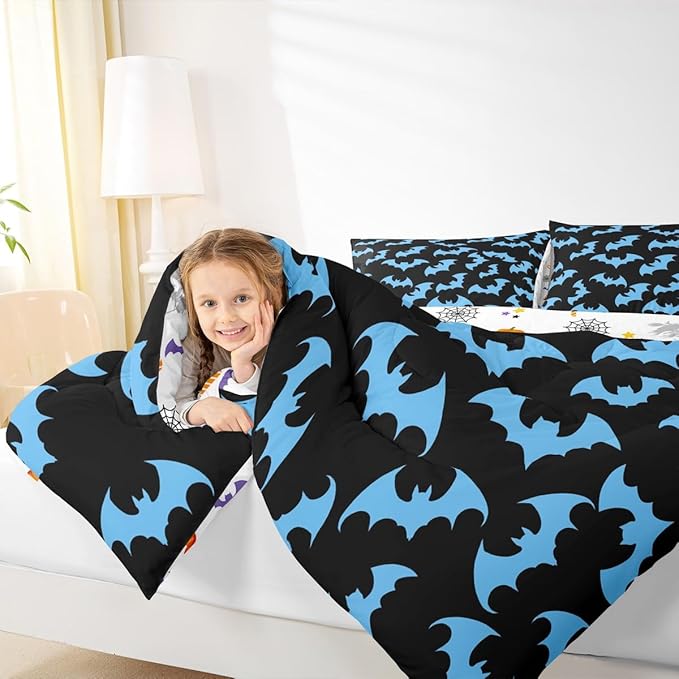 Erosebridal Blue Bat Queen Comforter Set Halloween Bat Bedding Set Spooky Goth Gothic Animal Bed Set Horror Halloween Quilt Set for Kids Teens Adults