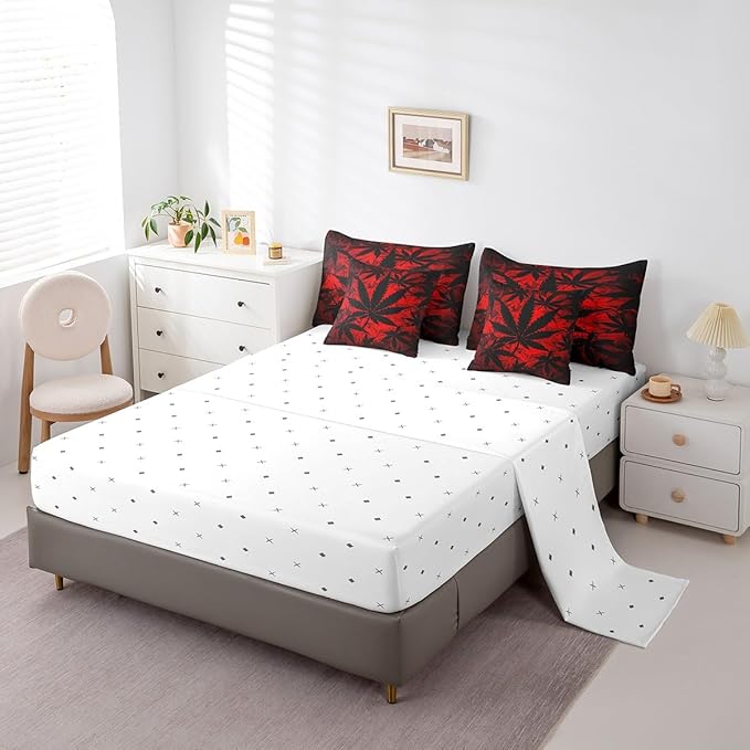 Erosebridal 7 Pcs Comforter Set King Size, Neon Bed in a Bag with Flat Fitted Sheet for Kids and Adults, Leaf Bedding Set with Pillowcases and Cushion Cases