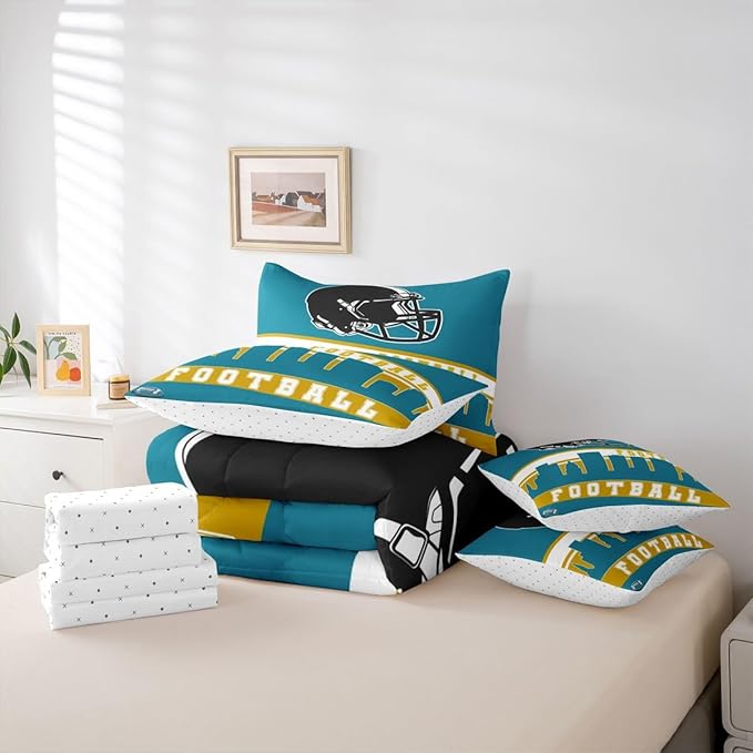 Erosebridal Football 7 Pcs Comforter Set King Football City Bedding for Kids Teal Football Fans Sheet Set Bed in A Bag Rugby Game Bedroom Decor Sports Ball Competition Bed Set