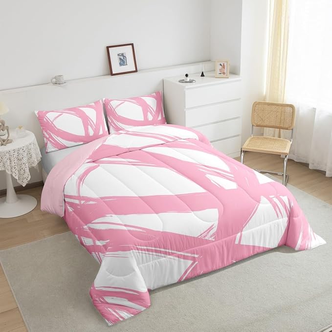 Pink and White Striped Bedding Set Full Size for Adults Youth Teens,Contemporary Boho Modern Art Comforter Set,Graffiti Stripes Lines Quilt,Aesthetic Geometric Duvet Insert for Minimalists