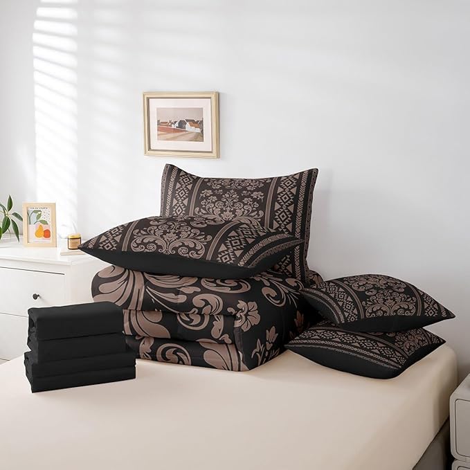 Comforter Set Full Size, Pale Brown Damask Aztec 7 Pcs Bedding for Kids and Adults, Antique Decor Western Baroque Gothic Bed Sheet Sets with Fitted Sheet 2 Pillowcases & 2 Shams for Bedroom Bed Decor