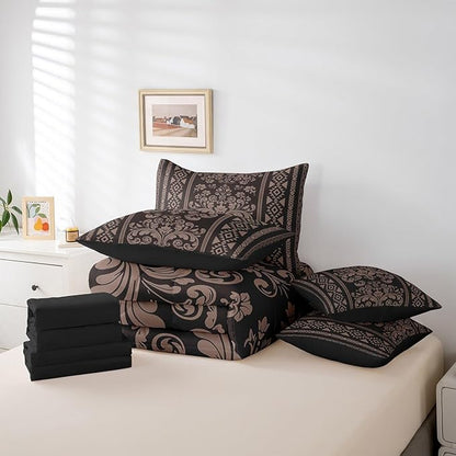 Comforter Set Full Size, Pale Brown Damask Aztec 7 Pcs Bedding for Kids and Adults, Antique Decor Western Baroque Gothic Bed Sheet Sets with Fitted Sheet 2 Pillowcases & 2 Shams for Bedroom Bed Decor