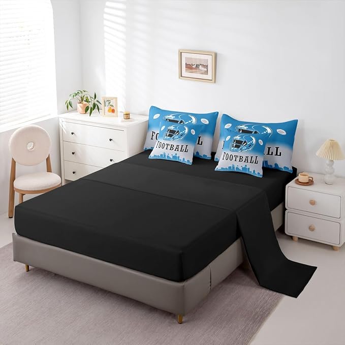 Erosebridal Football Twin Bed in A Bag American Rugby Sports 7 Pcs Bedding Set Sports Games Comforter Set with Sheets for Kids Boys Teen,Blue Grey Ombre Football City Sheet Set with Comforter