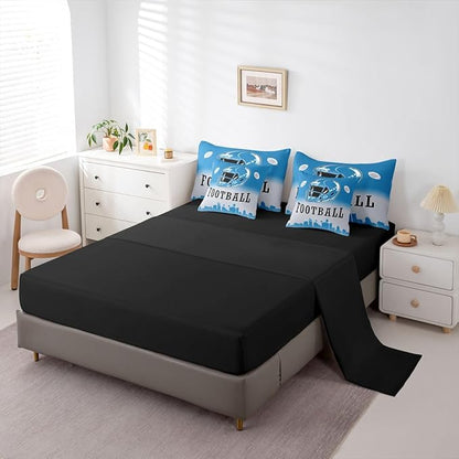 Erosebridal Football Queen Bed in A Bag American Rugby Sports 7 Pcs Bedding Set Sports Games Comforter Set with Sheets for Kids Boys Teen,Blue Grey Ombre Football City Bed Set