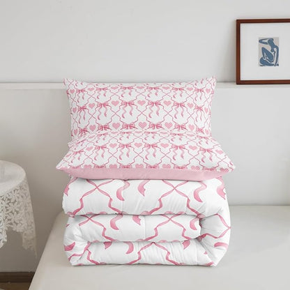Erosebridal Pink Bow Comforter Set for Kids Teen Women,Cute Bowknot Girls King Bedding Set Kawaii Plaid Love Hearts Down Comforter Geometric Check Ribbon Bow Quilt Set