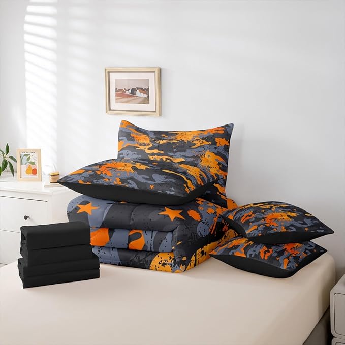 Erosebridal Camo King Comforter Set Graffiti 7-Piece Bed in A Bag Watercolor Grunge Ink Splash Ombre Sheets and Pillowcases Grey Orange Bed Sets