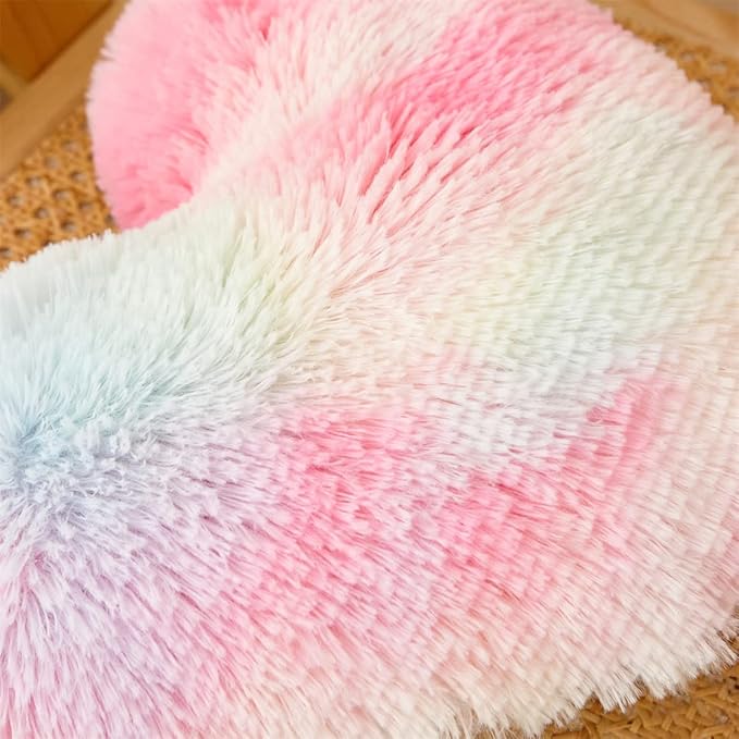 MOOWOO Rainbow Fluffy Heart Pillow,Valentines Day Decor Faux Fur Throw Pillow,Sherpa Plush Shaggy, Girl Room Decor,Heart Shape for Mothers Day,Christmas Decorations(Colorful)